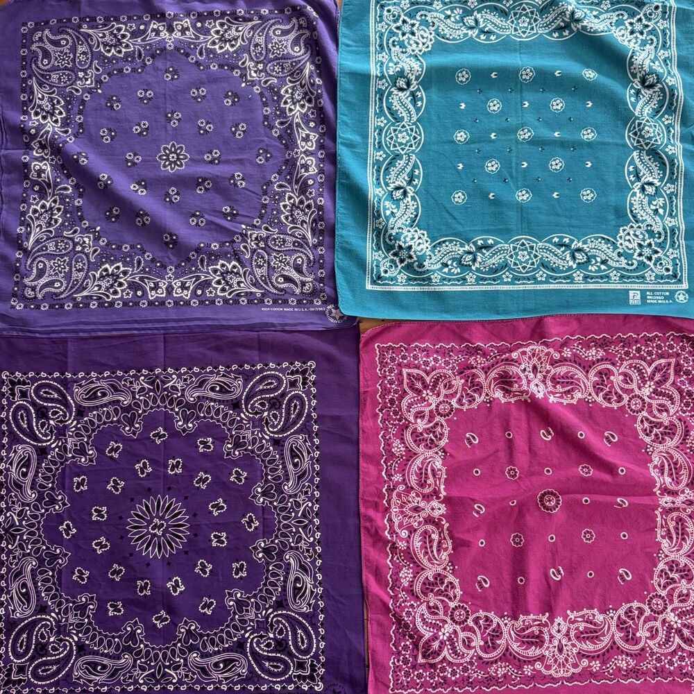 4 Vintage Bandanas Color Fast Paisley Handkerchief 100% Cotton 1980s Purple Blue